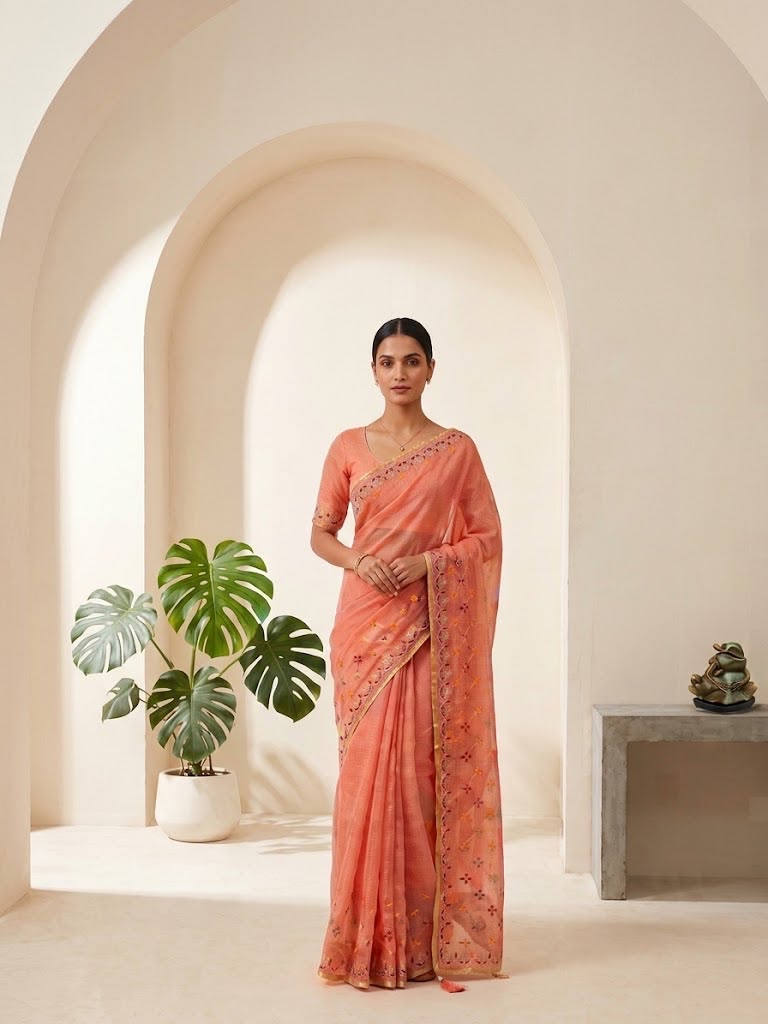 Kota Silk Saree with Heavy C-Pallu Coding & Gota Work