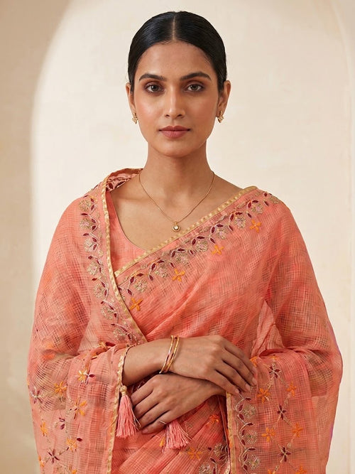Kota Silk Saree with Heavy C-Pallu Coding & Gota Work