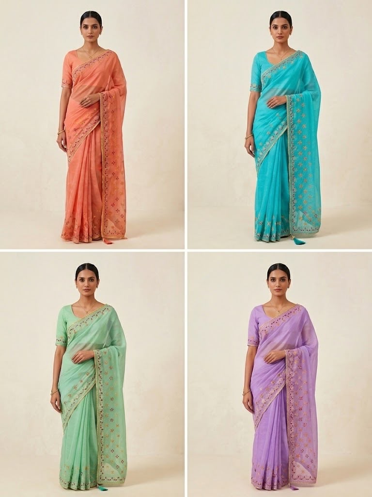Kota Silk Saree with Heavy C-Pallu Coding & Gota Work