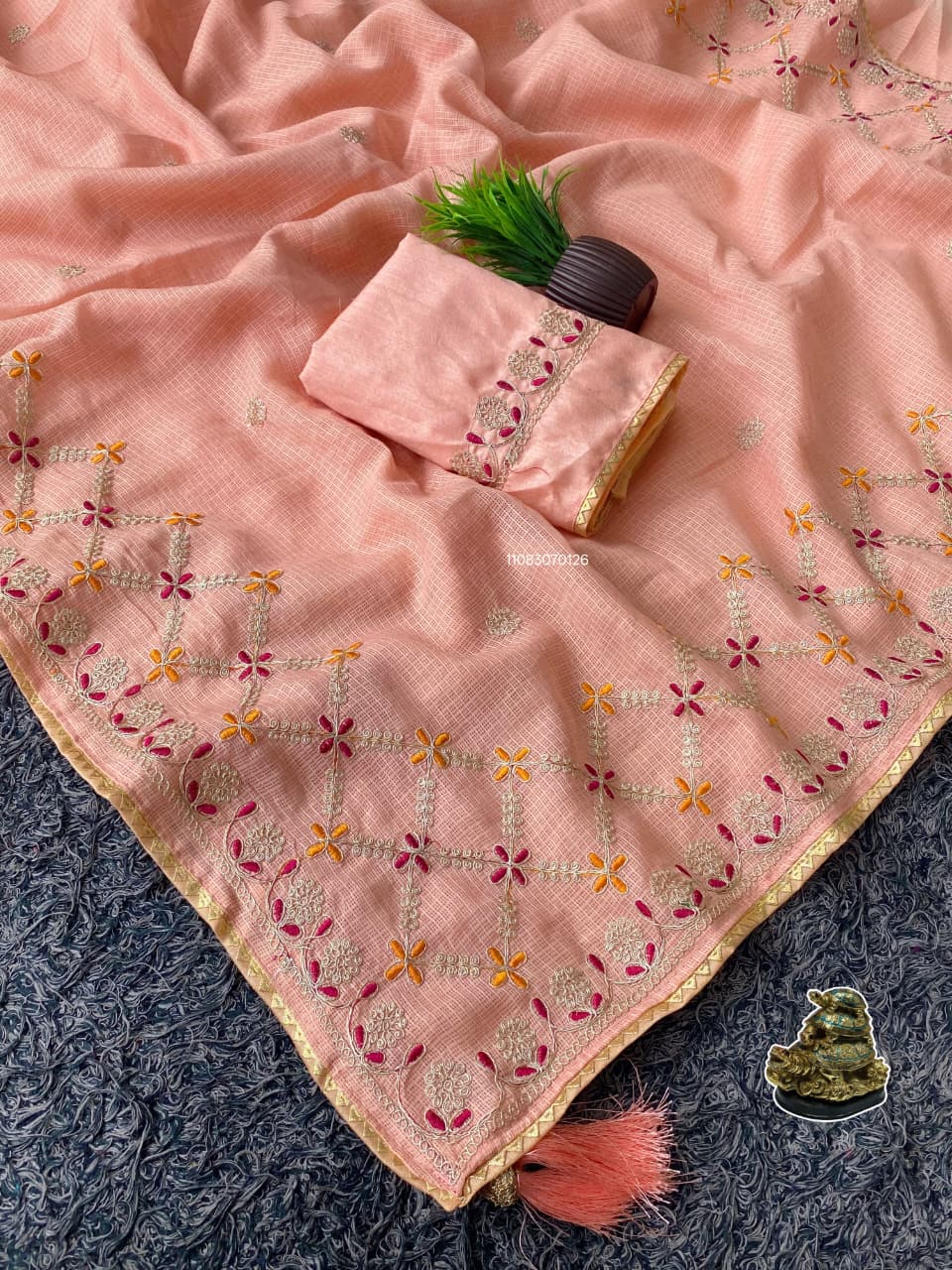 Kota Silk Saree with Heavy C-Pallu Coding & Gota Work