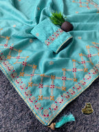 Kota Silk Saree with Heavy C-Pallu Coding & Gota Work
