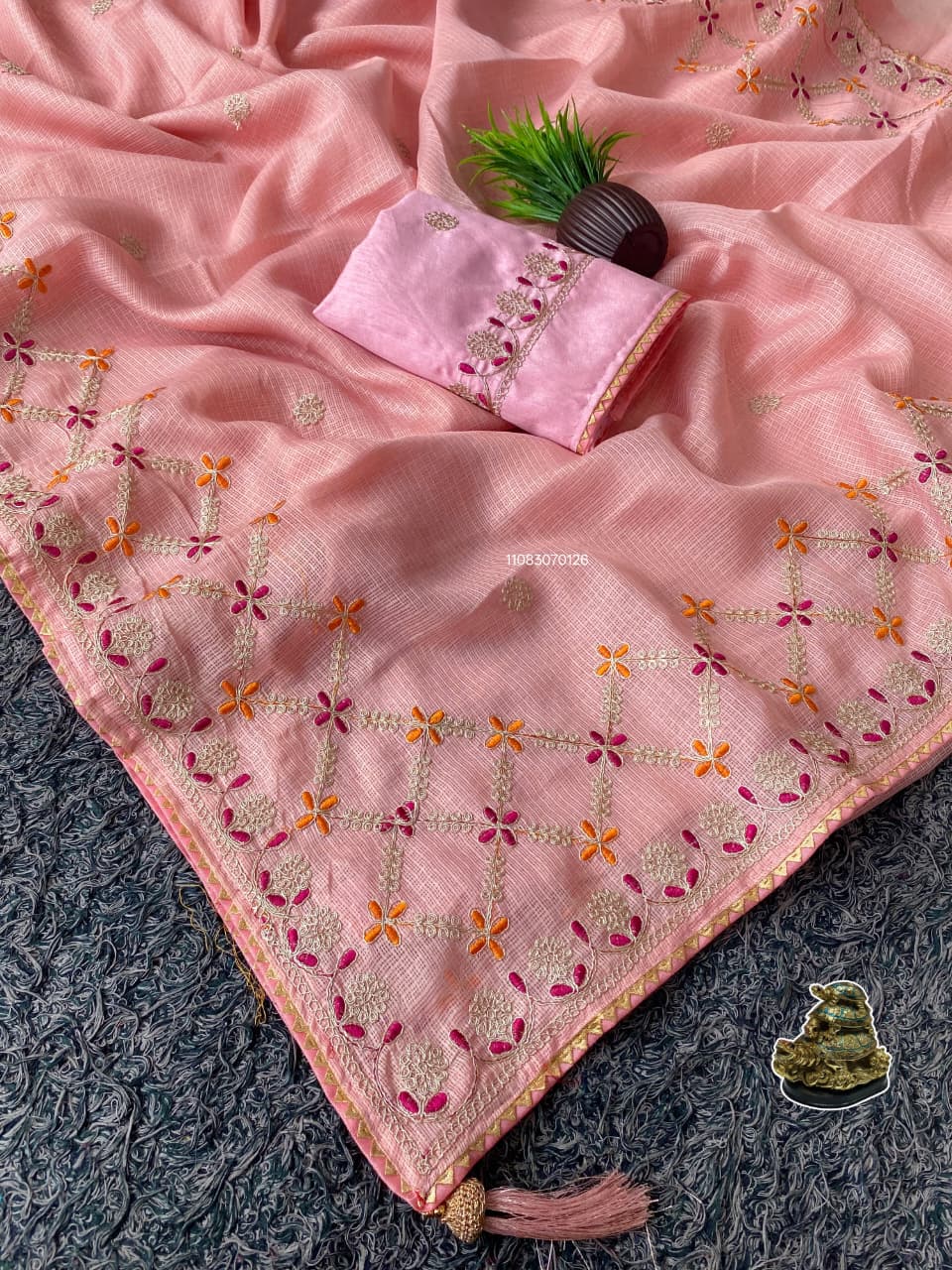 Kota Silk Saree with Heavy C-Pallu Coding & Gota Work